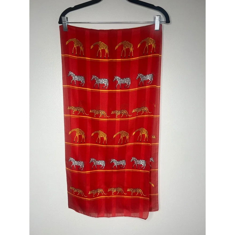 Vintage Red Safari Scarf Zebra Leopard Giraffe Sheer Rectangle Wrap Shawl Africa
